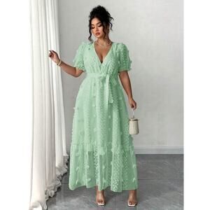 V Neck Jacquard Puff Sleeve Tied Waist Elegant Dress Shein Measure 3X